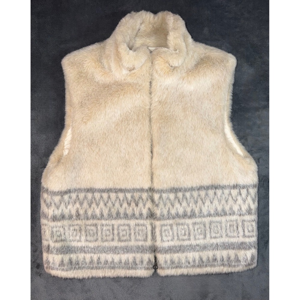 Mondi Sport Faux Fur Vest Cream Grey Geometric Fair Isle Zip Front Size 34